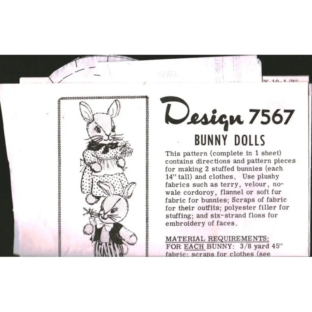 Vintage Design 7567 Bunny Dolls Stuffed Animal Sewing Pattern 14 Inch Plush Toy